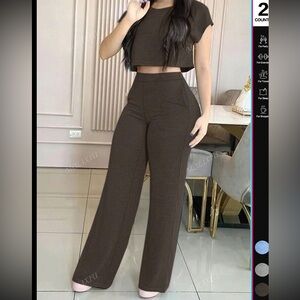 Woman Casual Elegant Solid Color Set, Wide leg pants & crop top